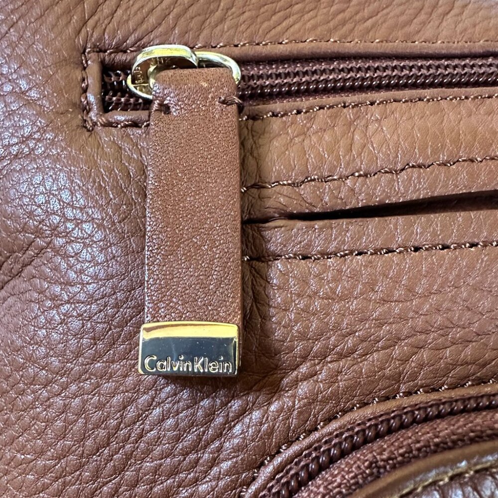 CK Brown Leather Shoulder Bag Crossbody Med Purse Pockets Y2K 90s Commute Office - Picture 7 of 9